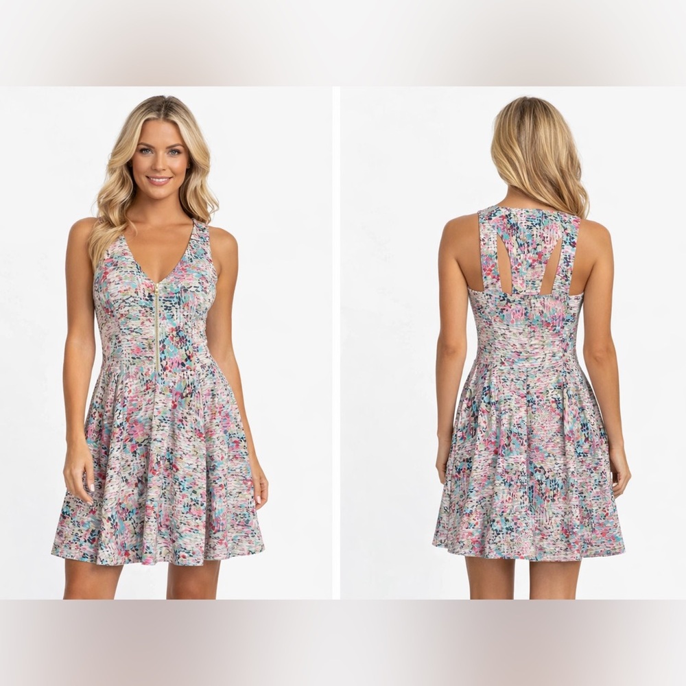 Guess Pink Watercolor Sleeveless Pleated Shift Dress S M 6 8 Elle Woods Preppy